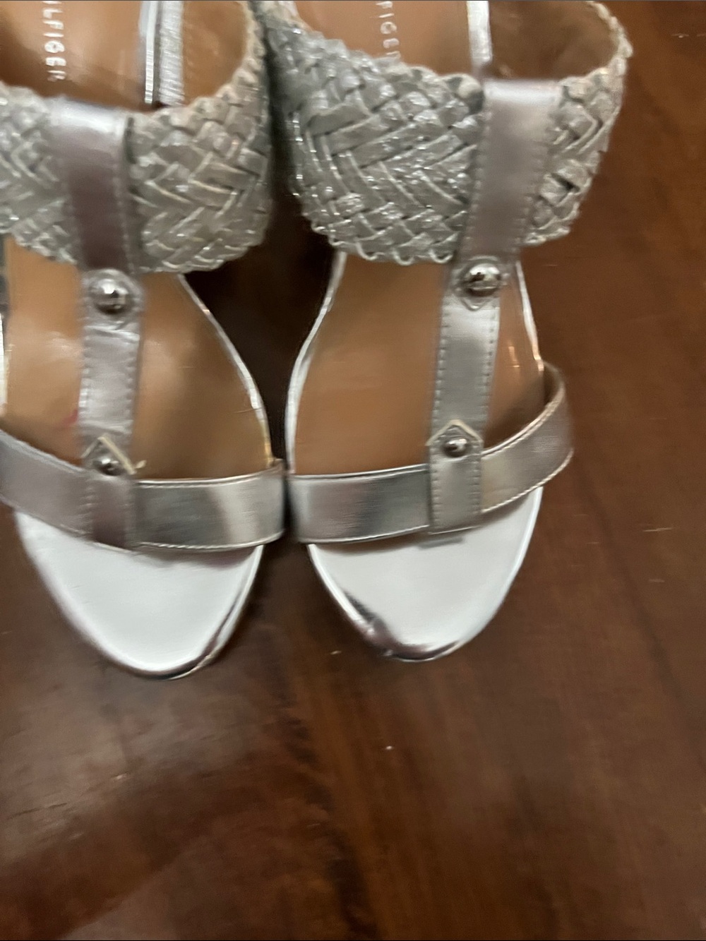 Tommy Hilfiger Silver Woven T-Strap Women's Sandals